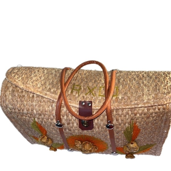 Ex Vintage 70s Boho Straw Handmade Taxco, Mexico Floral Embroidered Tote Handbag - Picture 2 of 14